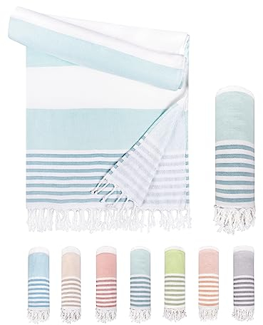 LAYNENBURG Premium Hamamtuch mit handgeknüpften Fransen - 100% Baumwolle - XXL Strandtuch 95x180 cm - Oeko-TEX 100 - Frottee Strandhandtuch groß - Saunatuch & Reisehandtuch (Türkis)