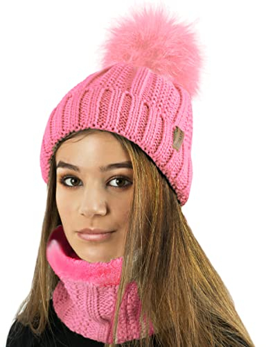 TOSKATOK Ladies Womens Winter Rib Seed Stitch Beanie Bobble Hat with Warm Cosy Fleece Liner & Large Faux Fur Pom Pom-Rose Set