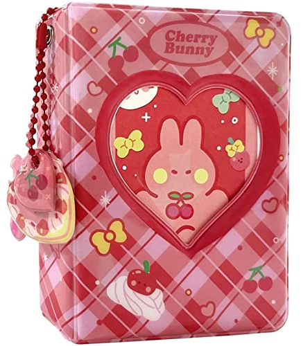 runrayay Pink Rabbit Kpop Fotokartenordner mit Anhänger, 7,6 cm Liebesherz, hohler Fotokartenhalter, Buchhüllen, 40 Taschen, A5-Ordner, Mini-Fotoalbum für Visitenkartenhalter