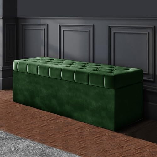 R&M Furnishers SD Chesterfield Ottoman Storage Box - Forest Green Plush Velvet Storage ottoman- Ottoman Footstool with Storage - Chesterfield Upholstered Coffee Table- End of Bed Storage Bench