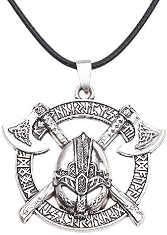 Norse Warrior Helmet Necklace for Men, Viking Runes Double Axe Pendant Necklace with 15.7”+1.9” Chain, Nordic Warriors Tribal Amulet Necklace, Leather Cord, Punk Viking Jewelry Gift for Men Boys