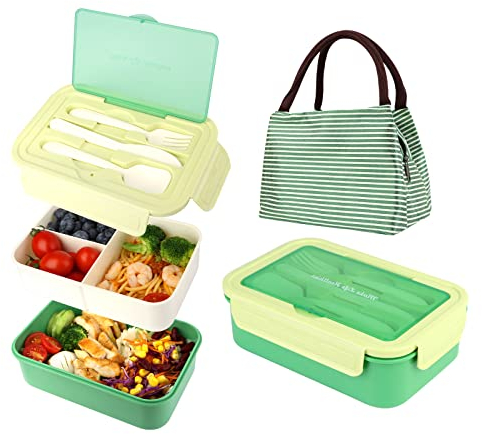 JOPHEK Fiambrera Infantil, Loncheras para Niños para Alimentos con 3 Compartimentos & Juego de Cubiertos, 1400ML Bento Lunch Box (Verde)