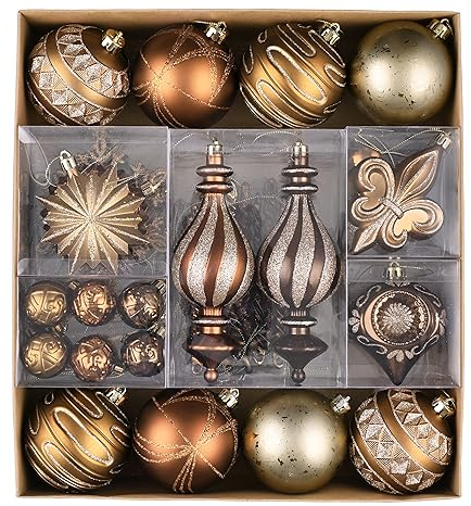 Valery Madelyn Fall Ornaments for Christmas Trees, 60ct Bronze Copper Brown and Gold Shatterproof Christmas Tree Decorations, Luxury Hanging Ball Ornaments Bulk for Thanksgiving Autumn Harvest Decor