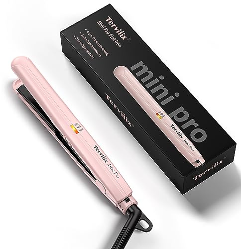 Terviiix Mini Flat Iron Hair Straightener, Adjustable Temperature, Travel-Size, 1/2 Ceramic Plates, Dual Voltage, Auto-Off, Pink