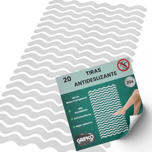 Gripko - 20 Pegatinas Antideslizantes Bañera - Antideslizante Ducha, Antideslizante Bañera Bebe y Mayores, Antiresbalante Adhesivo Mejorado, Baño Seguro - Tiras Invisibles - Wavy 45cm
