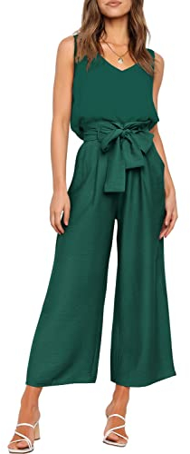 FANCYINN Damen 2 Teiliges Crop Pants Set mit Weitem Bein Wide Strap V-Ausschnitt Tank High Waist Cropped Paper Bag Hose mit Gürtel Dunkelgrünes Oberteil & Hose S