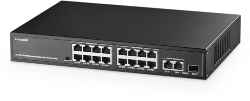 Binardat Switch POE a 19 porte, 16 porte POE+ 100Mbps, Uplink da 2 Gigabit, SFP da 1 Gigabit, IEEE802.3af/at, Alimentazione interna 300W, Plug and Play non gestito in metallo