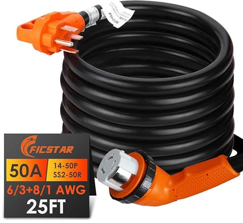 Ficstar - Cavo di prolunga per camper da 50 Amp da 25 piedi, resistente 6/3+8/1 SJTW AWG RV con impugnatura di bloccaggio girevole, NEMA 14-50P a SS2-50R con indicatore LED