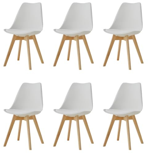 HJhomeheart 6er-Set Esszimmerstühle mit Beinen aus massiver Buche, Bürostuhl, Ergonomischer Stuhl mit Kissen (Weiß)