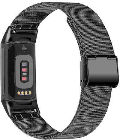 Armband Kompatibel mit Fitbit Charge 5 / Charge 6 Uhrenarmbänder,Verstellbares Edelstahl Metall Uhrenarmband,Ersatz Metallarmband für Damen und Herren (Schwarz)