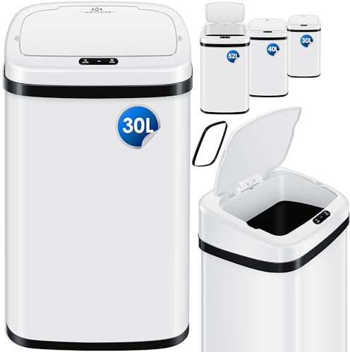 KESSER® Cubo de Basura de Cocina automático con Sensor de Movimiento, Panel táctil y Sensor, Pantalla LCD, Acero Inoxidable, Incluye Soporte para Bolsas de Basura, 30 litros - Blanco