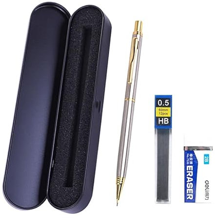 JOMPENS Lot de 4 porte-mines de luxe en métal de 0,5 mm avec trousse à crayons pour étudiants, art, croquis, peinture, bureau, école, papeterie, cadeau (A-argent)