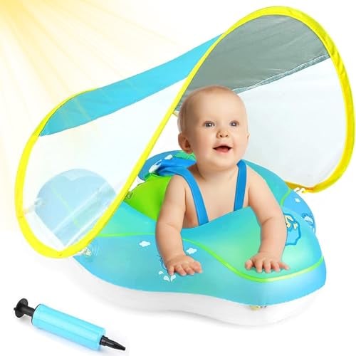 ANSTEN Schwimmring Baby mit Sonnendach Aufblasbare Baby Float Shwimmreifen Baby mit aufblasbarer Schwimmboje,Schwimmtrainer,Schwimmhilfe Spielzeug,Baby Schwimmring ab 3 Monate~12 Monate-Blau