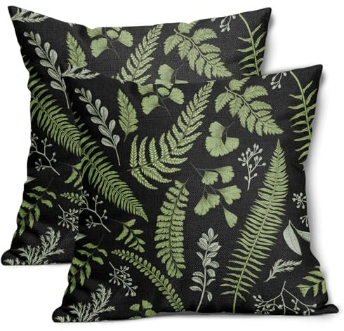 Dekorative Kissenbezüge mit grünen Blättern, 50,8 x 50,8 cm, Set mit 2 Kissenbezügen mit tropischen Farn-Kräutern, botanischen Blättern, Vintage-Blumenmuster, schwarz, Retro, Heimdekoration für Sofa,