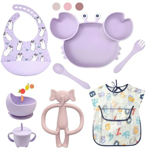 ASENME Vajilla Infantil, platos bebé con ventosa, set de 9 piezas Vajillas (Morado Gatos)