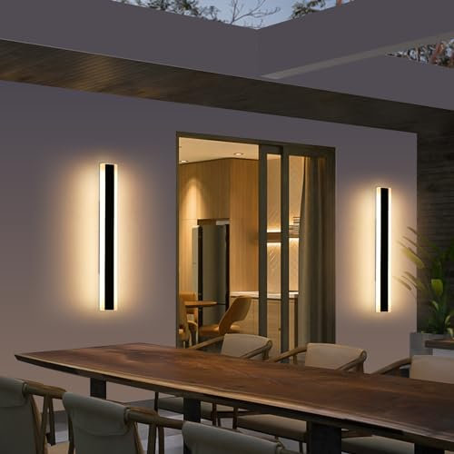 Mikeru IP65 Outdoor Wall Lights, 80CM LED Long Wall Light 2Pack 28W Modern Garden Wall Lights Mains Powered 3000K Warm White Garden Fence Lights Hard-Wired for Exterior Walls, Courtyards