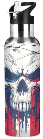 Wzzzsun Crâne De Sucre Américain Drapeau USA Isotherme Bouteille d'eau avec Paille, Gourde Sport en Acier Inoxydable 600ML Gourdes sans BPA pour Enfant Garçon Fille École Bureau