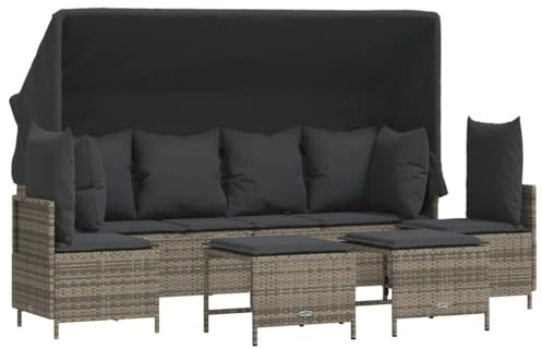 vidaXL Garten Sofa Garnitur 5-TLG., Gartenmöbel Set mit Kissen Dach, Sitzgruppe für Garten Terrasse, Lounge Hocker Sitzgarnitur, Grau Poly Rattan
