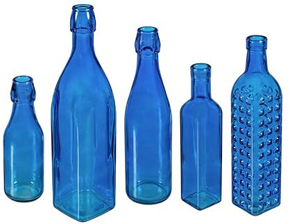 Evergreen Decorative Glass Bottle for Bottle Tree, Set of 5 Glass Flower Bud Vases, Wine Bottles Decoration for Home, Centerpieces, Wedding, Office, Garden (Blue)