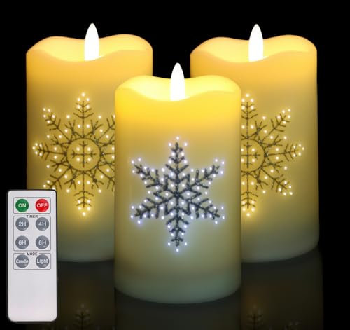 Anstore Fake Candles with Christmas Snowflake, 3pcs Battery Operated 5 x 3inch Flickering Flameless Candles with Remote Control Timer, Powered by 3 AA Batteries