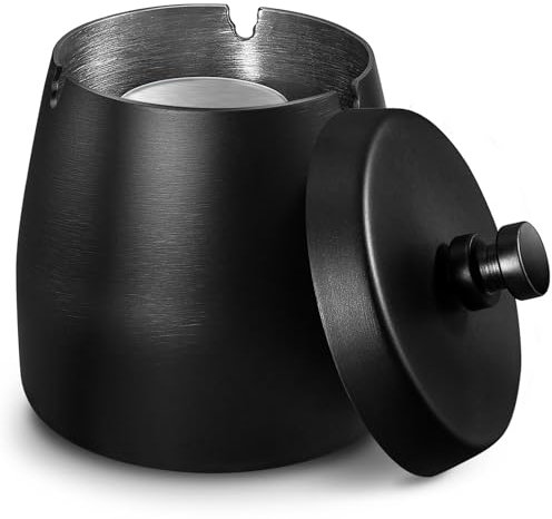 Zeawavsl Aschenbecher mit Deckel, Aschenbecher für Draussen, Windaschenbecher Aschenbecher aus Edelstahl, Schwarz Standaschenbecher für Draußen und Innen