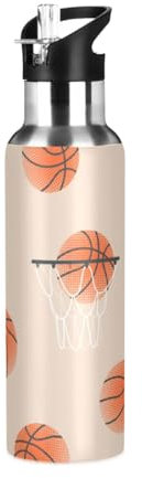 Yopersonalizes Botella de agua aislada con popote de 600 ml/20 onzas, divertidas botellas de agua deportivas de baloncesto de acero inoxidable, a prueba de fugas, para bebidas frías y calientes, para