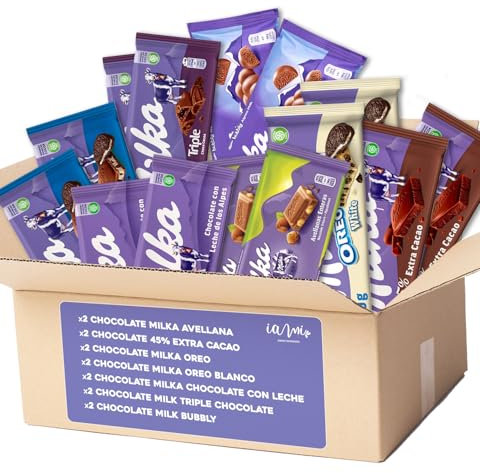 Pack de Chocolates Milka - 14 Tabletas de Chocolate Milka. 7 Variedades Chocolates Milka x 2 Tabletas. 45% Extra Cacao - Choco Oroe White - Triple Chocolate - Bubbly - Leche - Avellanas