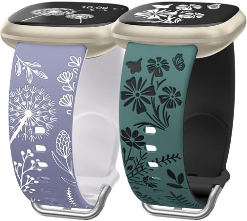 Wearlizer 2 Packs Floral Gravierte Armbänder Kompatibel mit Fitbit Versa 4/Versa 3 /Sense 2/Sense Damen, Zweifarbig Blume Silikon Sportarmband, Blau/Weiß &Grün/Schwarz