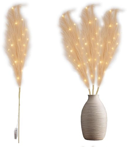 2Pcs - 100cm Prelit Champagne Pampas Grass Stem, Warm White LEDs Battery-Operated Christmas Artificial Flowers for Boho Wedding Bedroom Living Room Decorations