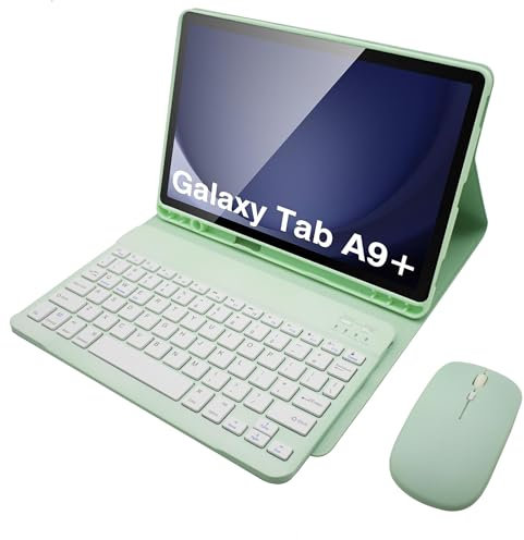 Funda con Teclado de Español(Incluye Ñ) para Samsung Galaxy Tab A9 Plus/A9+ 5G De 11 Pulgadas (SM-X210/X216/X218), Teclado Bluetooth Desmontable, Portalápices, Ratón De Modo Dual,Verde