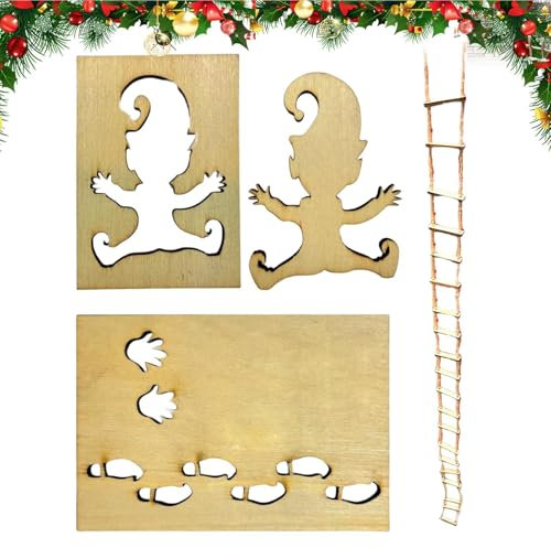Generisch Wichtel Fußspuren Schablone, GNOME Streich Strickleiter, Wiederverwendbare GNOME Weihnachten Schnee Spray Schablonen, Holz Weihnachten Gnom Zubehör, Indoor Elf Für Fensterdekoration