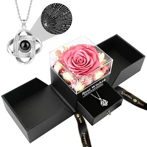 FAYODO Ewige Rose mit Ich Liebe Dich Halskette Damen,Echte Konservierte Blumen Rosenbox Geschenke für Frauen Mama Frau Valentinstag Muttertag Geburtstags Jubiläum(leuchtendes Pink)