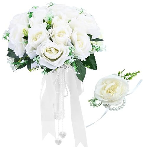 Bouquet da sposa e fiori da polso rose artificiali che tengono fiori bouquet di rose in seta realistiche al tatto, bouquet romantico per la casa, decorazione per feste di nozze (bianco A)
