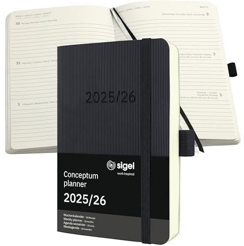 SIGEL C2607 Wochenplaner Wochenkalender 2025/2026, ca. A6, schwarz, Softcover, 240 Seiten, Gummiband, Stiftschlaufe, Archivtasche, nachhaltiges Papier, 18-Monatskalender, Kalenderbuch Conceptum