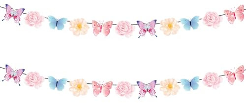 DazzJoy Schmetterling Geburtstag Deko Girlande, 2 Stück Schmetterlinge Deko Geburtstag Girlande, Schmetterling Geburtstagsgirlande Kinder, Schmetterlings Banner für Garten Deko, Babyparty Deko Mädchen