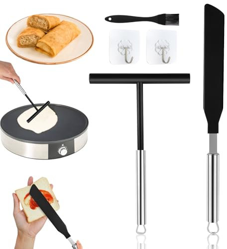2 Stück Crepes Verteiler, Edelstahl Crepes Wender mit 1 Silikonbürste + 2 Haken, Crepes Maker Zubehör, Crepe Teigverteiler für die Herstellung von Crepes, Pfannkuchen