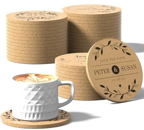 Shueewago Lot de 30 à 100 sous-verres en liège personnalisés pour boissons, ronds de 10,2 cm, cadeaux de mariage pour invités, dessous de verre personnalisés en vrac avec image ou logo gravé au laser,