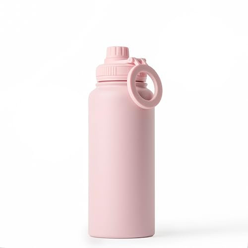 Botella de agua con aro magnetico para el movil y antiderrame. Botella de acero inoxidable 1L BPA free que mantiene el frio o el calor. Botella termica para el gym u oficina. (Baby Pink)