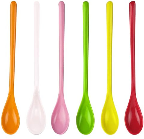 HAMKU 6 Pcs Cuillere Longue en Plastique, Cuillere Plastique Reutilisable, Cuillère à Café Couleur, Cuillère à Confiture Long Manche, Cuillère à Dessert Longue pour Thé, Yaourt, Glaces, cocktails