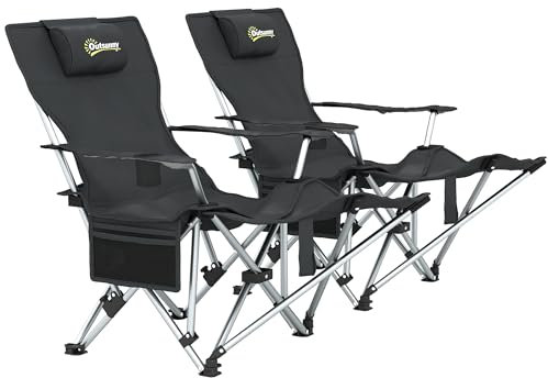 Outsunny Lot de 2 chaises de camping pliables avec repose-pieds amovible, appuie-tête, porte-gobelet, chaise de jardin, charge maximale : 120 kg, chaise longue pour adultes, chaise de camping, chaise