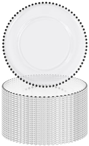 FXKS 24 PCS Clear Round Charger Plates with Beaded Rim, 13 Inch Plastic Acrylic Plate, Plastic Round Beaded Dinner Decorative Service Plates for Wedding Party Event, Home Kitchen Tabletop(Black)