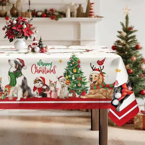 Arquiel Weihnachten Katze Tischdecke Polyester Rechteckig 140 x 180 cm | Waschbare Polyester-Tischdecke mit Katze-Motiv, wasserabweisend und pflegeleicht für Küche, Esszimmer, Feste und Feiern.