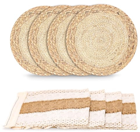 Zaxiva Boho Deko Tischset 4er Set, Handgefertigte Gewebte Platzset Rund und Natürliches Baumwollleinen-Sackleinen mit Quaste, Esstisch Deko für Bauernhochzeiten, Esstischdekoration, Küche