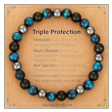 AstraGlam Bracelet Triple Protection avec Œil De Tigre Bleu 8mm, Obsidienne Noire et Hématite – Force, Protection & Équilibre pour Hommes Femmes, Cadeau pour la Fête des Mères, des Pères, Noël ou