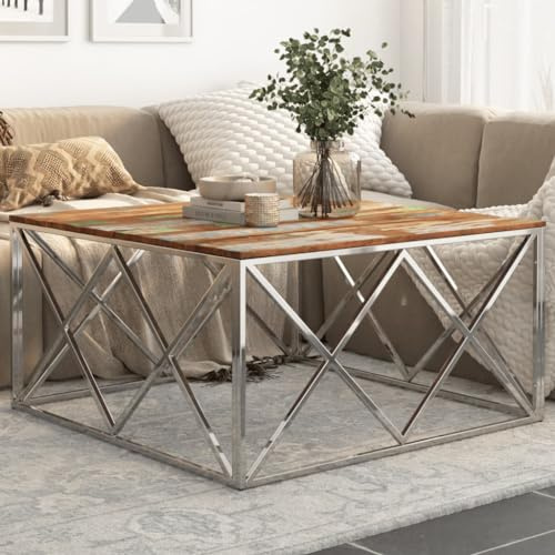 GeenYuu Couchtisch Silbern Edelstahl und Altholz Massiv, 100x100x50 cm, quadratischer Wohnzimmertisch mit robuster Tischplatte, pflegeleichter Beistelltisch für Wohnzimmer