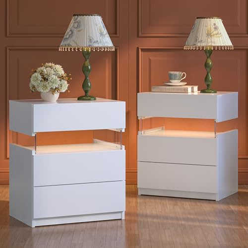 Cubehom LED Bedside Tables Set of 2, White Wooden Nightstands with 3 Drawers, Modern LED Bedside Cabinets for Bedroom Storage