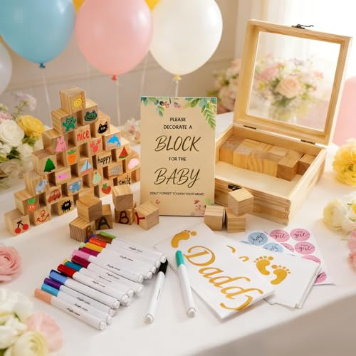 HZOUHONG Babyparty Shower Spiele Ideen Schilder Set 86 Stück | mit Holzwürfe zum Bemalen für Babyparty, Acrylfarben-Marker, Gender Reveal Sticker, Schärpe, Holzschild & Holzbox