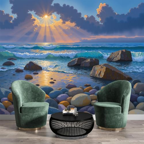 Fototapete Wandbild Kieselstrand 250X170Cm Tapeten Xxl Sonnenuntergang Am Meer Motivtapeten Wandtapete Dekoration Tapete 3D Effekt Für Wohnzimmer Schlafzimmer,Orange
