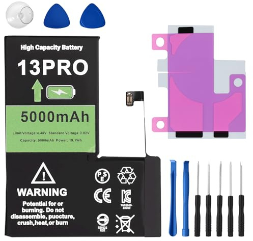 Batterie pour iPhone 13 Pro 5000mAh Haute Capacité Batterie de Remplacement avec Kits d'Outils de Réparation Complets pour A2483, A2636, A2639, A2640
