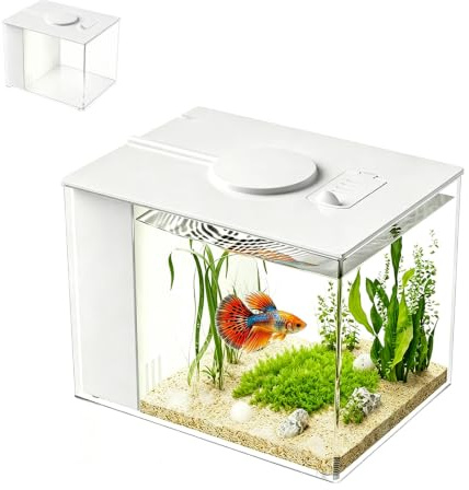 4,3L Aquarium Kleines Komplettset, Acryl Mini Aquarium mit Filterpumpe, LED-Beleuchtung, 20 x 15 x 15 cm DIY-Aquascaping für kleine Kampffische (Weiß)